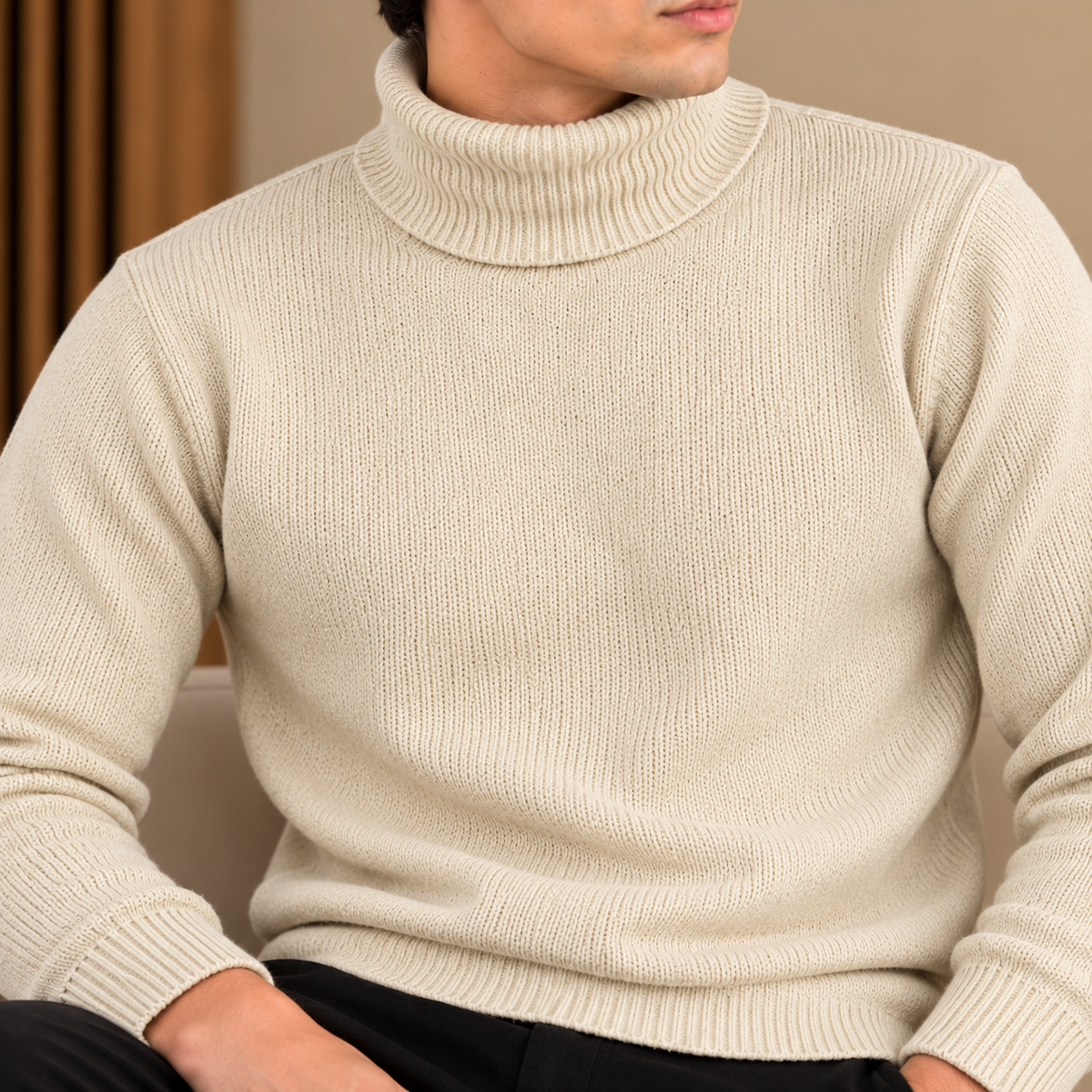 Cream Ribbed Turtleneck Sweater