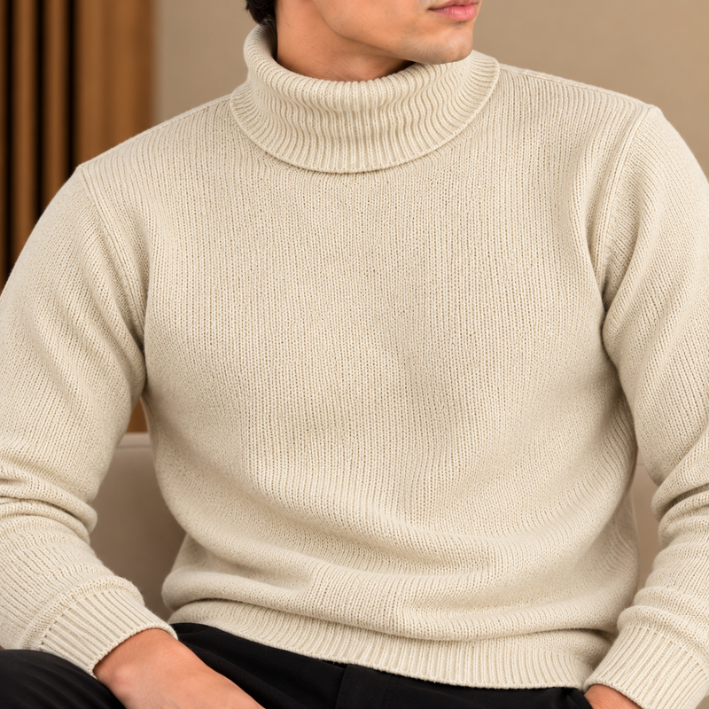 Cream Ribbed Turtleneck Sweater
