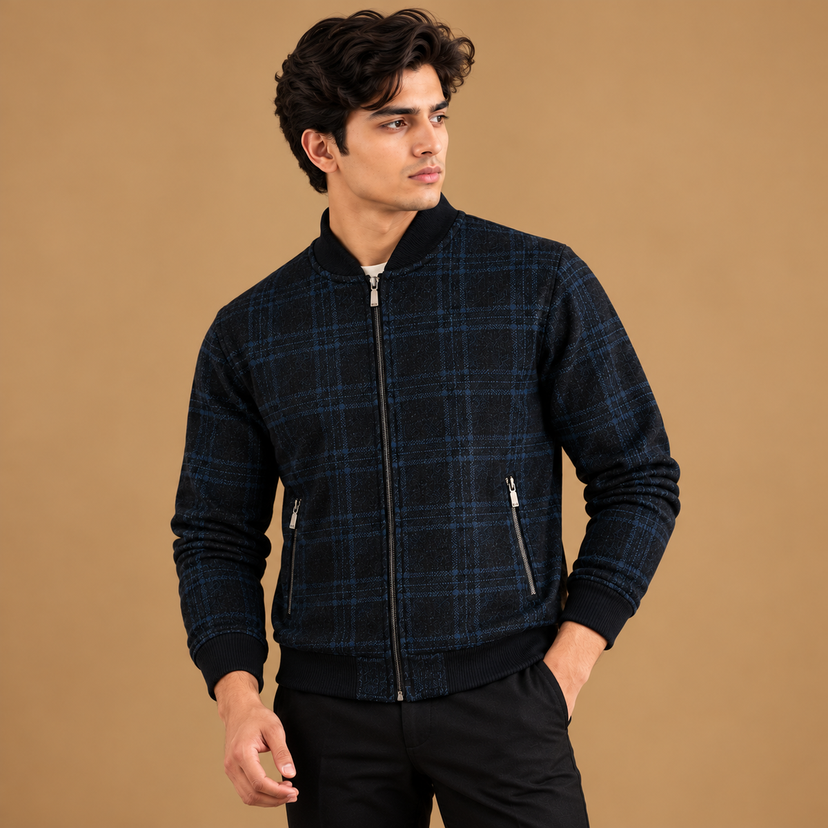 Plaited Navy Casual Bomber Jacket