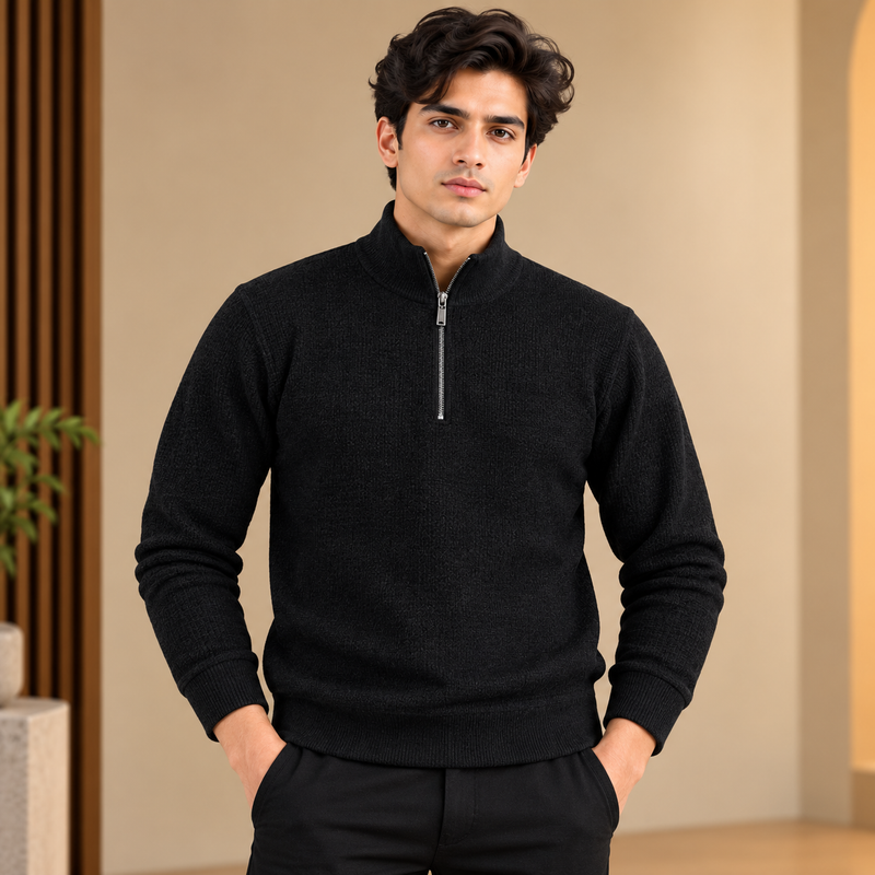 Textured Black Half-Zip Sweater