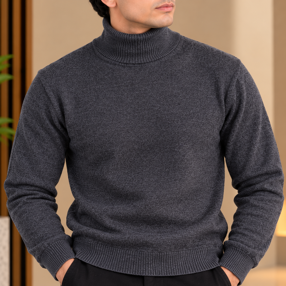 Textured Charcoal Ribbed Turtleneck