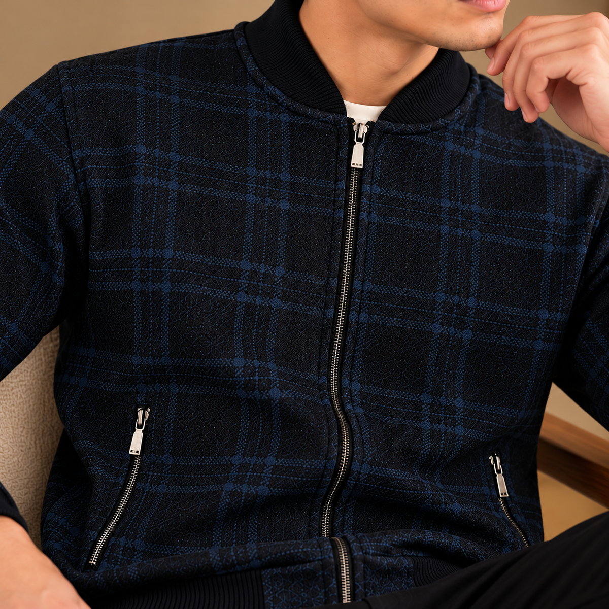 Textured Navy Plaid Bomber Jacket