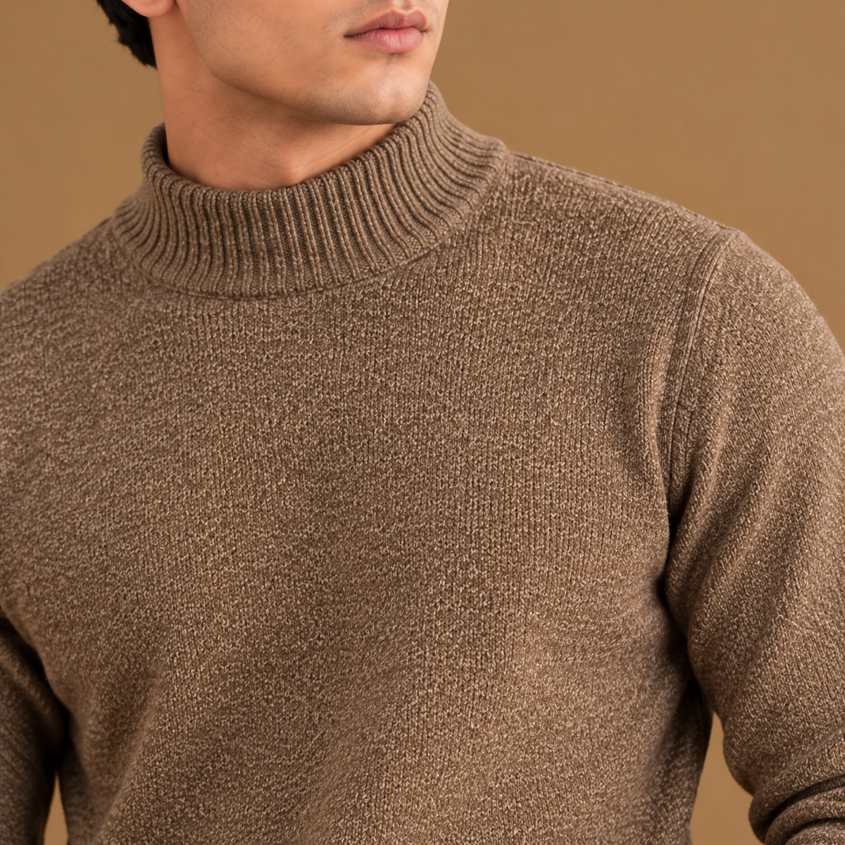 Textured Taupe Knit Mock-Neck