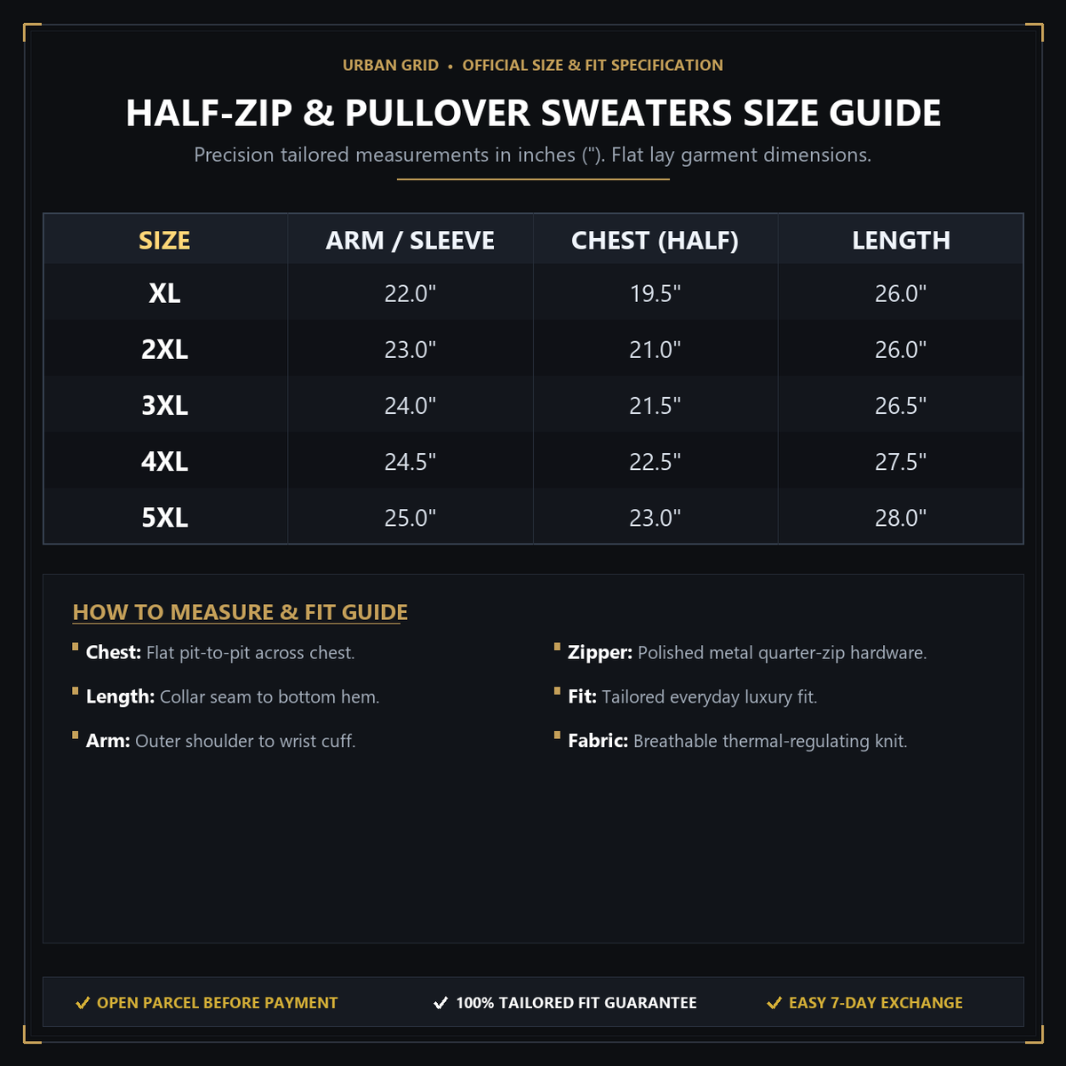 Artisan Warm Knitwear Sweater Size & Dimensions Specification